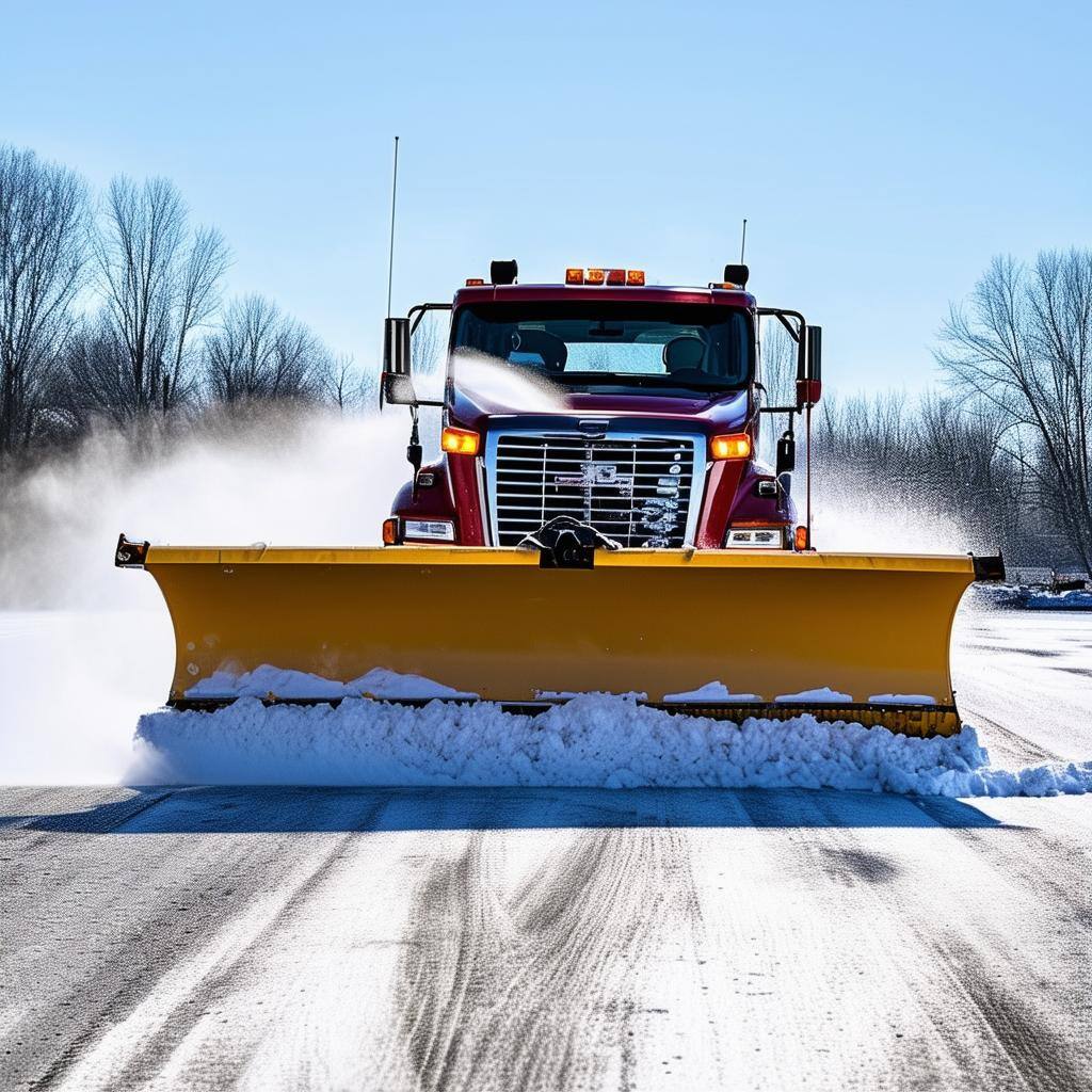 Red snow plough truck clearing snow from a road on a clear winter day
